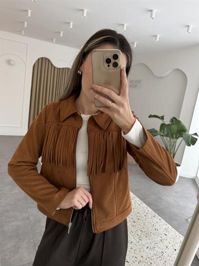 Sırtı Nakışlı  Püsküllü Taba  Süet Ceket