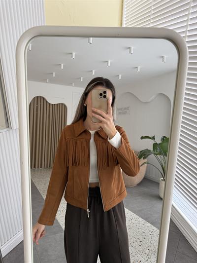 Sırtı Nakışlı  Püsküllü Taba  Süet Ceket