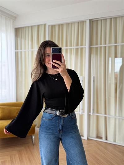 Siyah Büzgülü Yarasa Kol Body