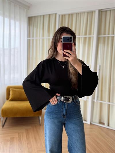 Siyah Büzgülü Yarasa Kol Body