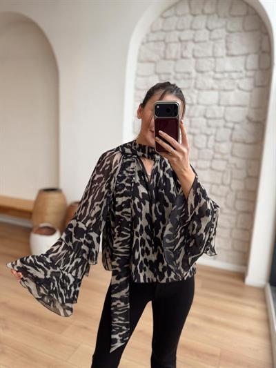Siyah Leopar Desenli Şifon Bluz