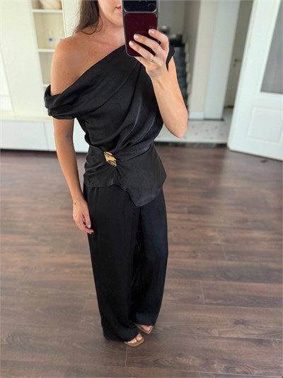 Beli Bağcıklı Siyah Jakarlı Saten Pantolon