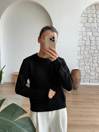 Siyah Parıltılı Uzun Kollu Triko Bluz