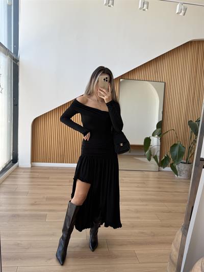 Siyah Sandy Kumaş Drapeli Asimetrik Etek