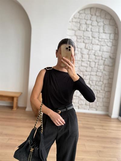 Siyah Tek Omuz Bodysuit