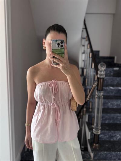 Straplez Pembe Müslin Bluz