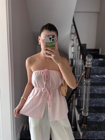 Straplez Pembe Müslin Bluz