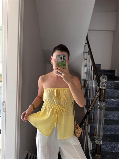Straplez Sarı Müslin Bluz