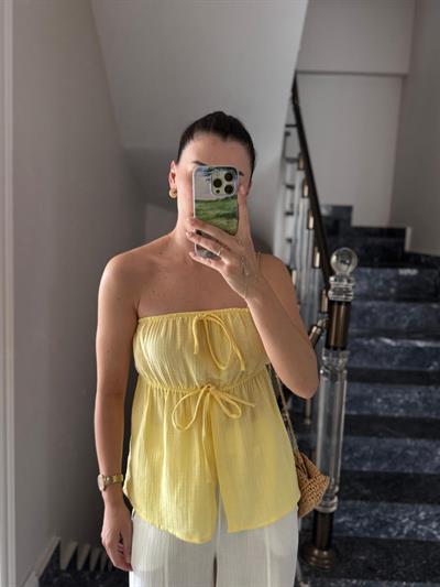 Straplez Sarı Müslin Bluz