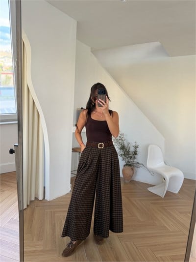 Süet Kemerli Geniş Paça Kahverengi Ekose Pantolon