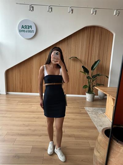 Taba Kemerli Askılı Lacivert Elbise