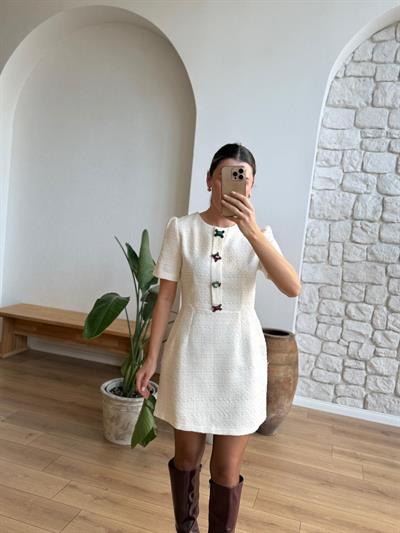 Taş Düğmeli Ekru Tüvit Elbise