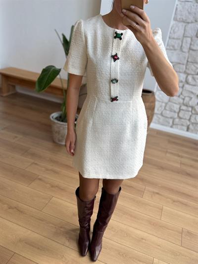 Taş Düğmeli Ekru Tüvit Elbise