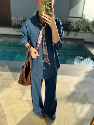 Taş Düğmeli Fularlı Denim Takım