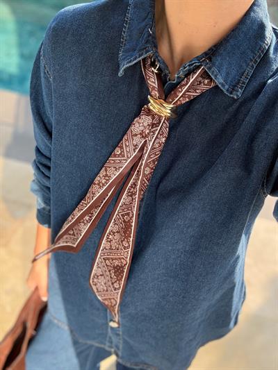 Taş Düğmeli Fularlı Denim Takım