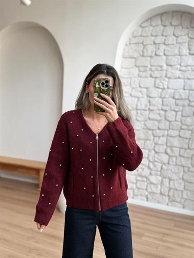 Taşlı Önü Fermuarlı Bordo  Hırka