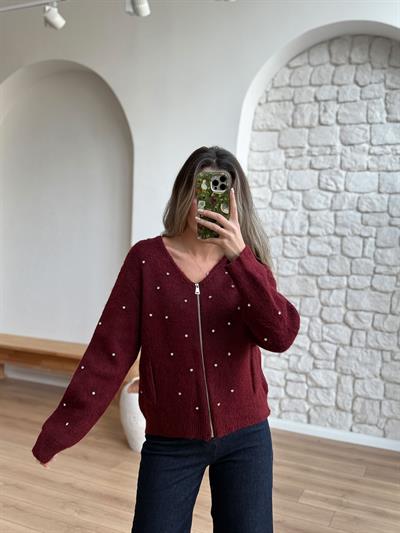 Taşlı Önü Fermuarlı Bordo  Hırka