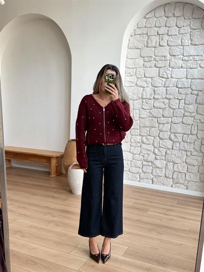 Taşlı Önü Fermuarlı Bordo  Hırka