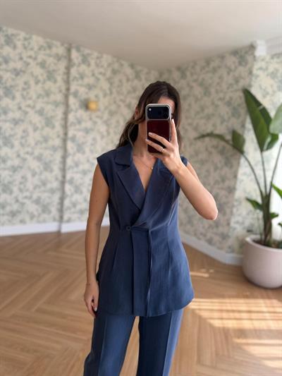 Tek Düğmeli İndigo Yelekli Takım