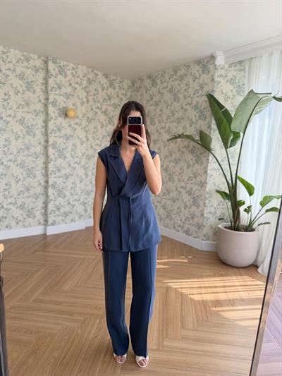 Tek Düğmeli İndigo Yelekli Takım