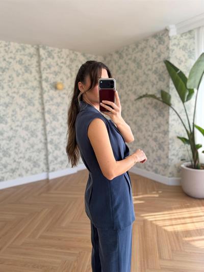 Tek Düğmeli İndigo Yelekli Takım