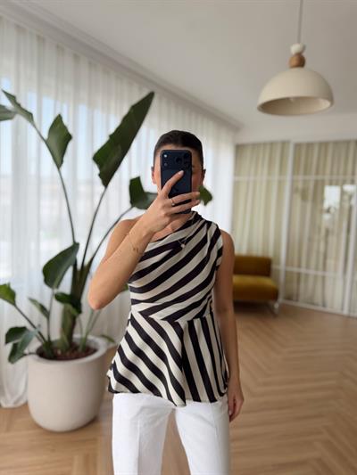 Tek Omuz Çizgili Saten Bluz