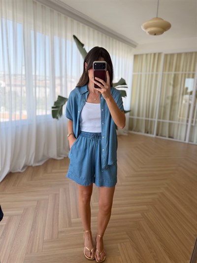 Tensel Denim Mavi Şort Takım