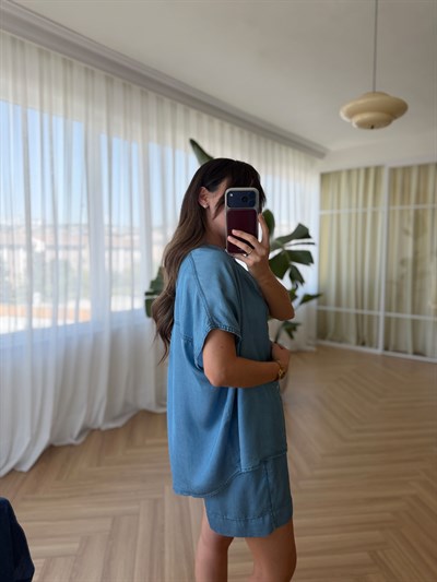 Tensel Denim Mavi Şort Takım