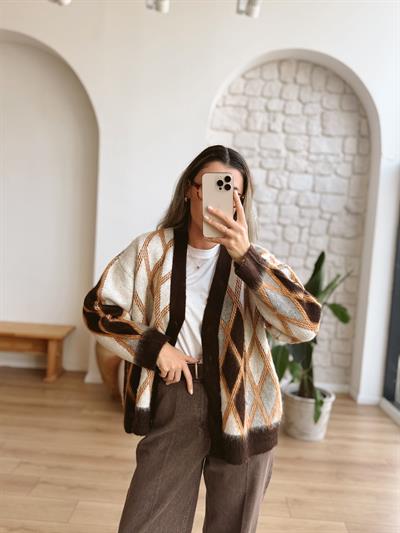 Turuncu Baklava Desenli Hırka