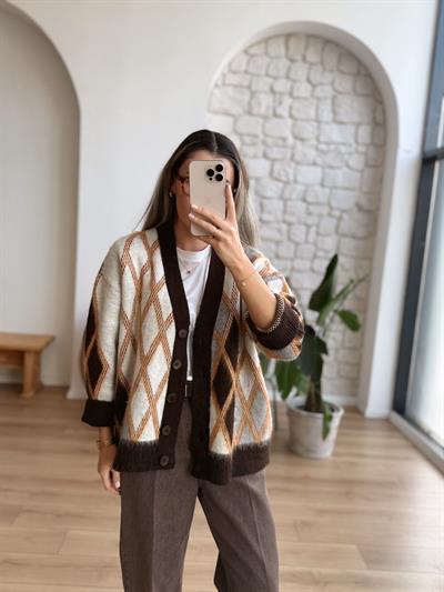 Turuncu Baklava Desenli Hırka