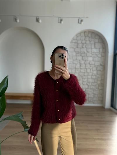 Tüylü Bordo Hırka 