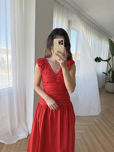 V Yaka Drapeli Kırmızı Poplin Elbise