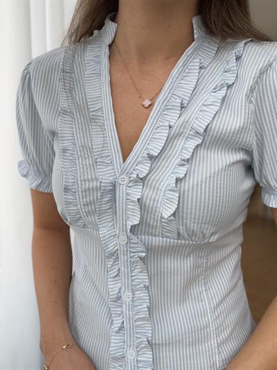 V Yaka Fırfırlı Çizgili Gömlek