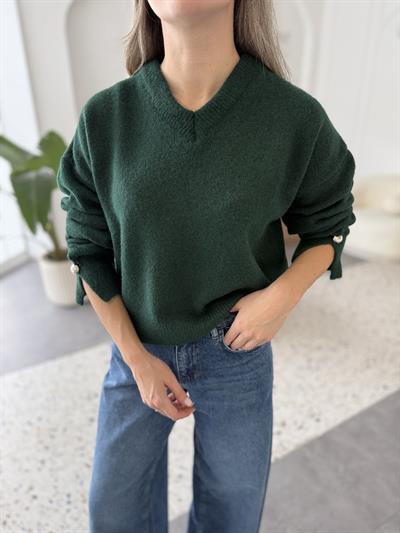 V Yaka Kolu Düğmeli Zümrüt Kazak