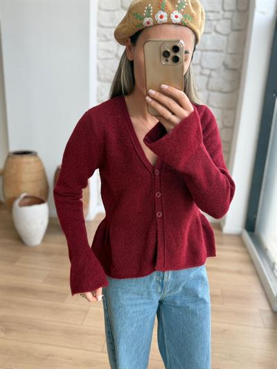 V Yaka Volanlı Bordo Yumoş Hırka