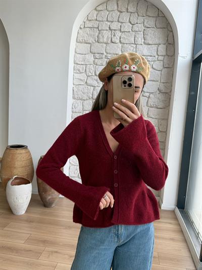 V Yaka Volanlı Bordo Yumoş Hırka