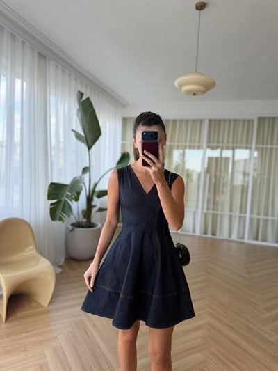 V Yaka Volanlı Denim Elbise