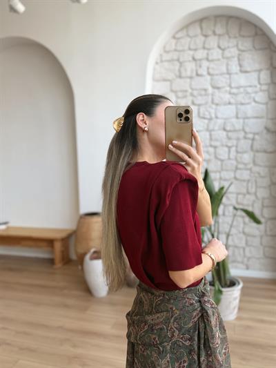 Vatkalı Kısa Kollu Bordo Triko Bluz