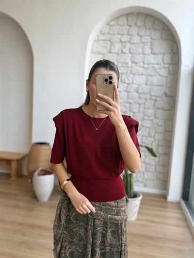 Vatkalı Kısa Kollu Bordo Triko Bluz