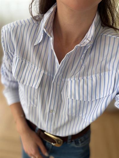 Vatkalı Mavi Çizgili Beyaz Gömlek 