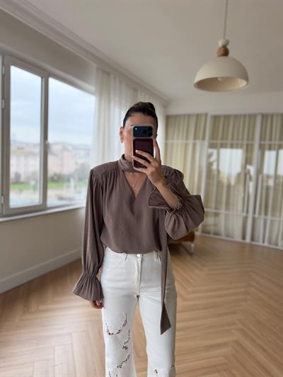 Vatkalı Şal Detaylı Vizon Bluz