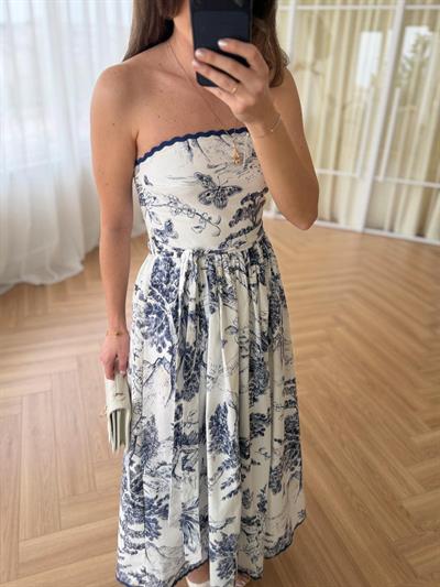 Vintage Desenli Straplez Elbise