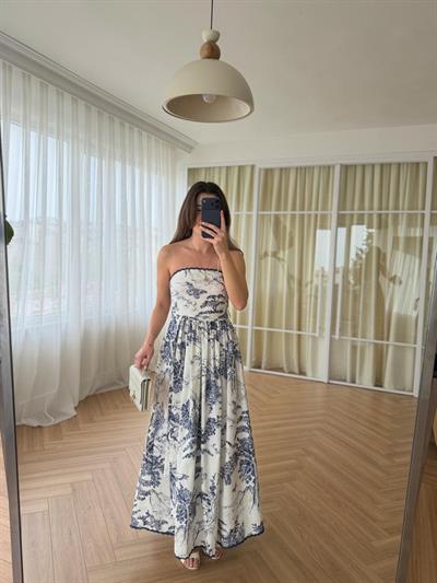 Vintage Desenli Straplez Elbise