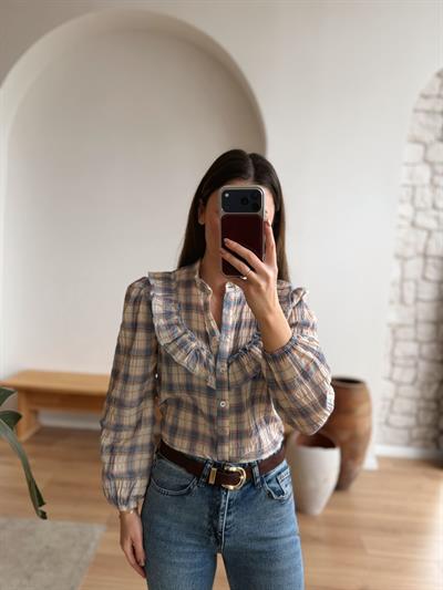 Volanlı Ekose Desen Mavi Gömlek