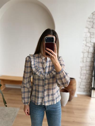 Volanlı Ekose Desen Mavi Gömlek