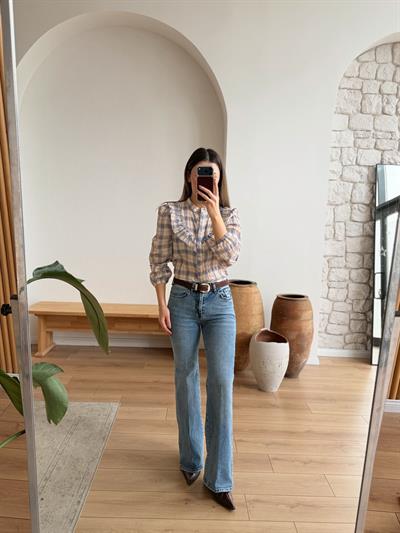 Volanlı Ekose Desen Mavi Gömlek