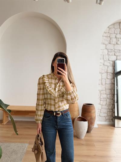 Volanlı Ekose Desen Yeşil Gömlek