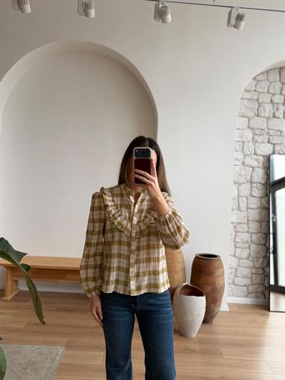 Volanlı Ekose Desen Yeşil Gömlek