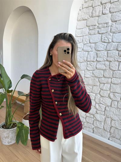 Yaka Detaylı Çizgili Bordo Hırka