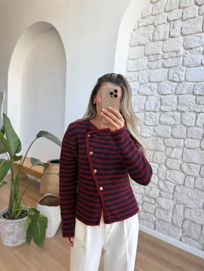 Yaka Detaylı Çizgili Bordo Hırka